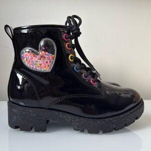 Girls Jellypop Black Patent Leather Combat Boots Rainbow Confetti Heart Kids 13M